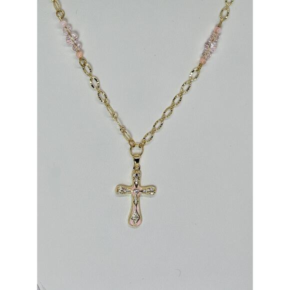 Handmade Pink Cross Necklace Gothic Enamel CZ Charm Adjustable Gold-Plated Chain - Picture 3 of 5